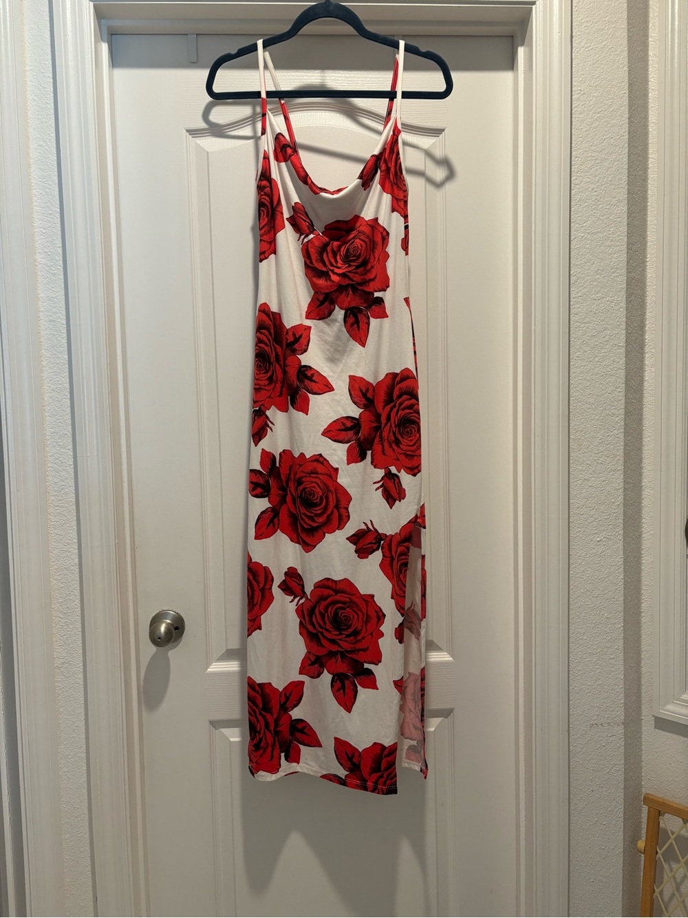 Women’s White Slip Dress with Red Rose Print